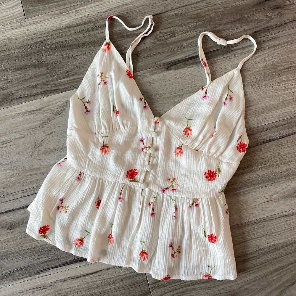 Wild Honey Baby Doll White Floral Spaghetti Strap w/Button Trim Tank Size XS